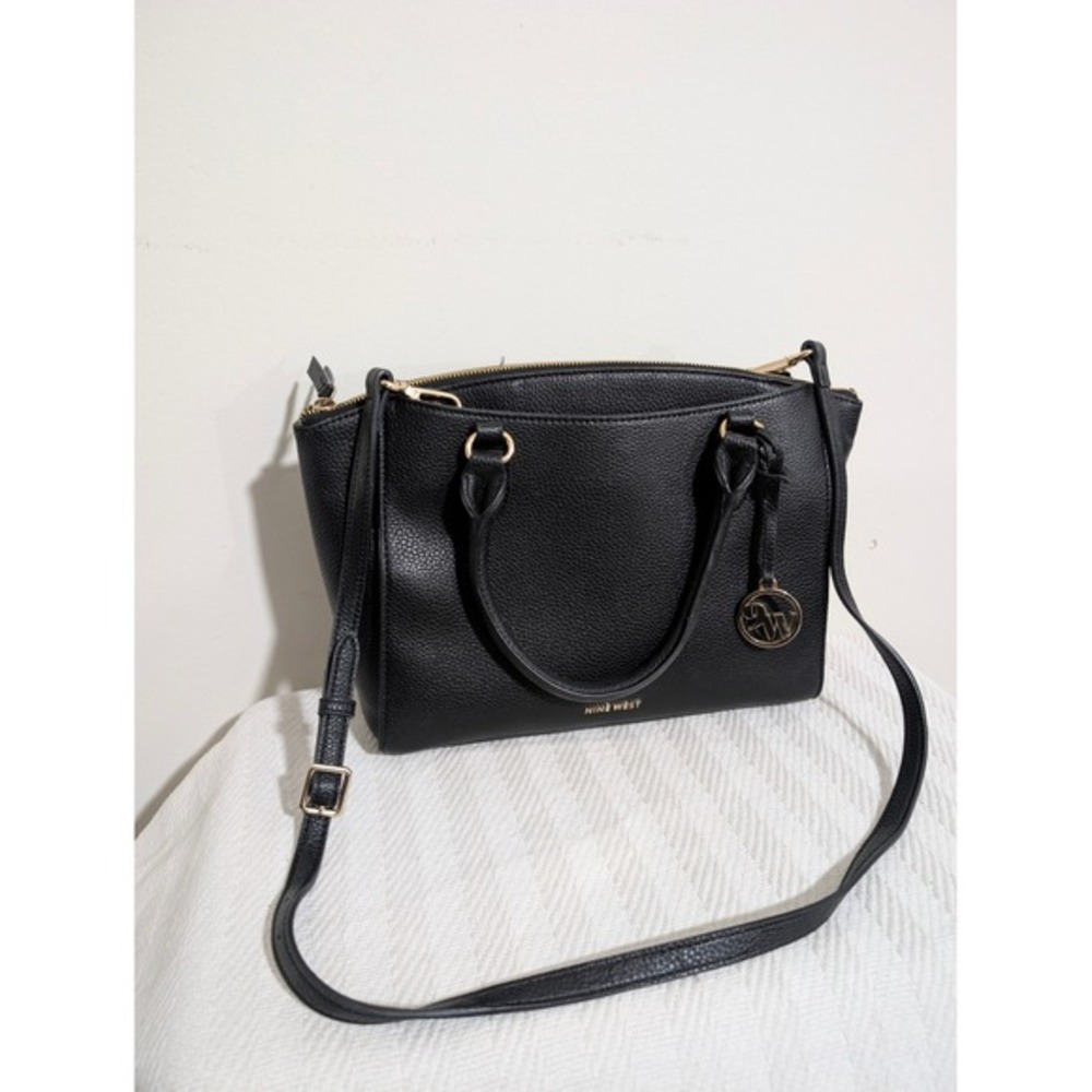 Nine West Black Satchel‎ Handbag Purse Bag Shoulder Bag Gold Hardware Mid Size